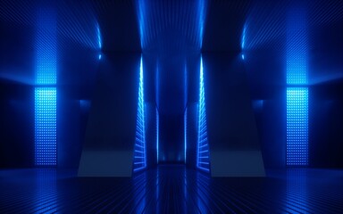 3d render, blue neon abstract background, ultraviolet light, night club empty room interior, tunnel or corridor, glowing panels, fashion podium, performance stage decorations