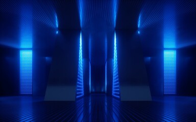 3d render, blue neon abstract background, ultraviolet light, night club empty room interior, tunnel or corridor, glowing panels, fashion podium, performance stage decorations