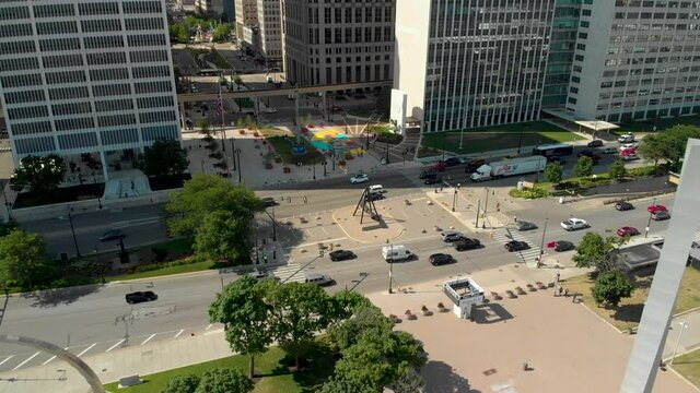 Aerial Of Rush Hour Intersection Downtown Detroit