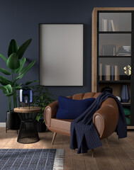 Interior mockup with leather armchair, wooden cupboard in modern, elegant loft style, blank frame on blue wall
