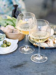 beautiful happy fashion woman drinking white wine with an aperitif. inner or aperitivo party...