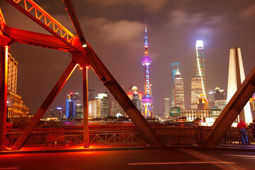 The garden bridge of Shanghai in China, the landmark. Colorful light trails