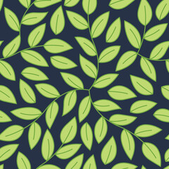 Leaves plant repeat pattern with alternate leaf arrangement on stem. Great for garden and nature themed wallpaper, fabric, green backgrounds, herbal packaging, and giftwrap projects. Surface pattern.