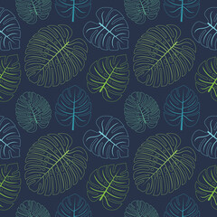 Monstera leaf outline background seamless repeat pattern. Great for nature themed backgrounds, summer exotic wallpaper, packaging, fabric, and giftwrap projects. Surface pattern design.