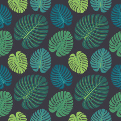 Fototapeta na wymiar Tropical colorful monstera leaves on repeat pattern. Great for summer exotic wallpaper, backgrounds, packaging, fabric, and giftwrap projects. Surface pattern design.
