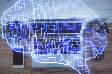 Multi exposure of brain sketch hologram over topview work table background with computer. Concept of big data.