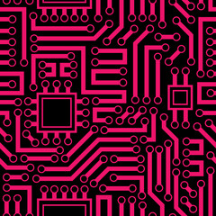 Tech circuit board electronic seamless repeat background. Great for information technology wallpaper, backgrounds, modern packaging, and hardware computer illustration. Surface pattern design.