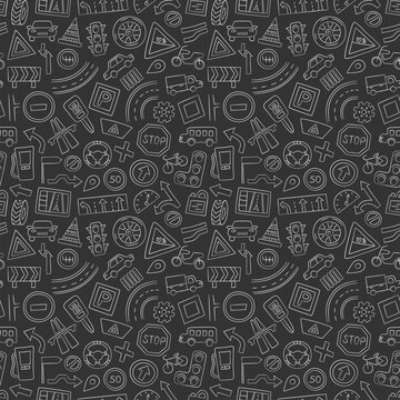 Cars, road objects, traffic signs and automobile symbols. Seamless pattern in doodle style. Hand drawn vector illustration. Chalkboard