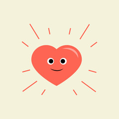 Cute red heart with happy smiling face. Healthy heart flat vector icon illustration isolated on background. Cartoon character 