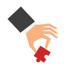 Hand holding a puzzle piece isolated on white background. Business solutions, success, teamwork and strategy concept. Flat style. Vector illustration 