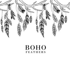 Fototapeta na wymiar Detailed feathers and antlers in boho style. Seamless border.