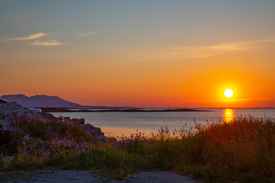 Midnight sun on Vega fjord in Nordland county