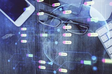 Multi exposure of technology theme drawing over work table desktop. Top view. Global data analysis...