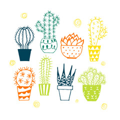 Doodle textured cactuses set.