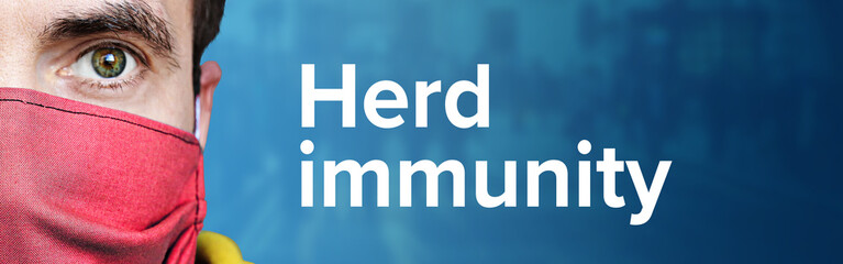 Herd immunity. Man wearing face mask (Respirator). Blue background with people. Corona, disease,...