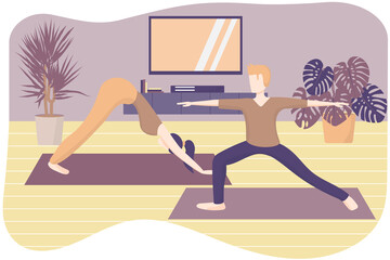 Man and woman happy do relaxing yoga exercises together at home. Partner sport indoors. Stretching practice training on mat, do calming asana poses. 