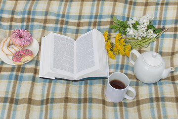 Outdoors, on a plaid blanket are: an open book, 3 donuts, a bouquet of wildflowers, a white mug with a drink and a kettle without logos. The concept of a pleasant pastime. Loneliness. Enjoyment