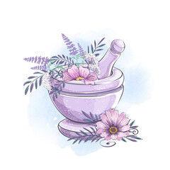 Stone mortar with aromatic and medicinal herbs. Natural cosmetics and aromatherapy. Accessories