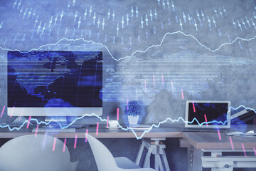 Multi exposure of financial graph drawing and office interior background. Concept of market...
