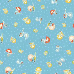 Vintage kitchen seamless dotted pattern, cute birds and bowl, trendy design on textured blue background. Retro vintage. Seamless vector pattern. For fabric, wallpaper, giftwrap or postcard design