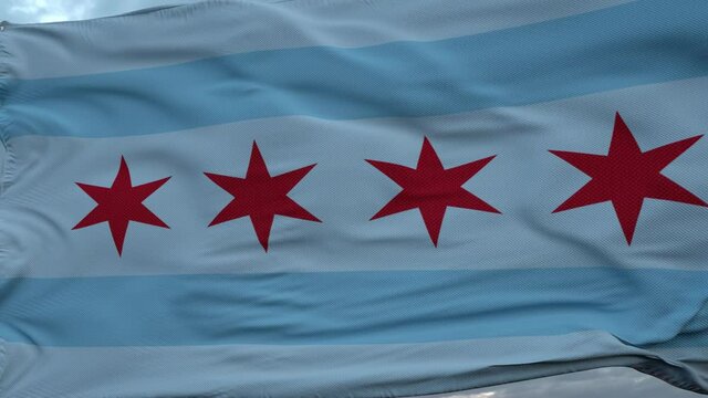 Flag of Chicago city waving in the wind against deep beautiful clouds sky
