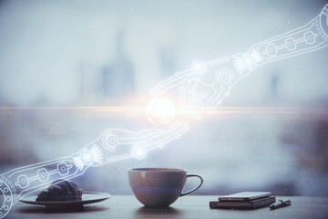 Double exposure of Ai data theme drawing over coffee cup background in office.