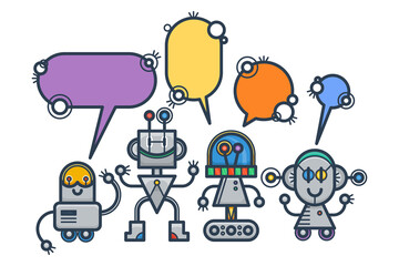 Fototapeta premium Kawaii smiling robots with speech bubbles. Isolated trendy flat cartoon characters. Voice support service chat bots