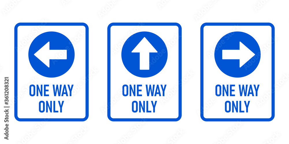 Poster set of one way only vertical warning sign poster or sticker design icon with direction arrow and tex