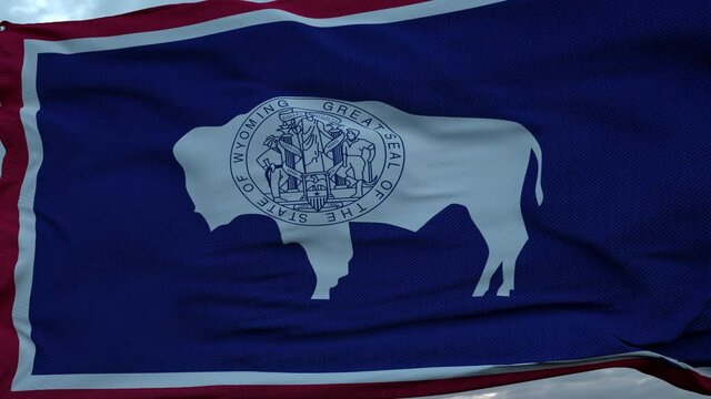 Flag of Wyoming waving in the wind against deep beautiful clouds sky