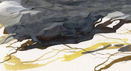 Abstract mixed media painting. Hand painted decorative artwork for creative design of posters, cards, invitations, wallpapers, banners, websites, etc. Artistic background. Yellow and black colours.