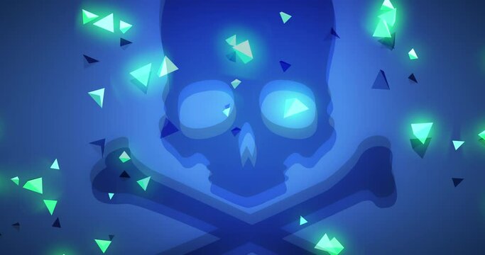 Animated background of a skull with abstract modern triangular shape particles floating around. Game over screen concept. Skull with crossbones, fast dramatic movements. Glowing green and blue tones.