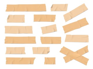 Adhesive, duct or insulating tape pieces realistic vector set. Beige masking tape crumpled stripes with torn, curved edges on white background. Industry, packaging, office supplies,scrapbook element