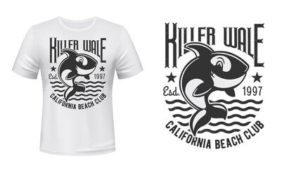 Killer whale t-shirt print vector mockup. Cute orca character jumping out of water, killer whale funny happy smiling mascot and typography. Beach club emblem, apparel custom design print © Vector Tradition