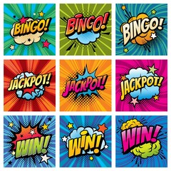 Bingo and win comic bubbles vector set. Happy whoop after jackpot, gambling game win or reaching achievement. Cloud explosion with stars and pop art typography on striped, twisted background