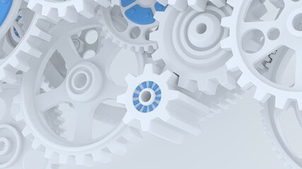 Mechanism white gears and cogs at work on white background. Industrial machinery. 3D illustration. 3D high quality rendering.
