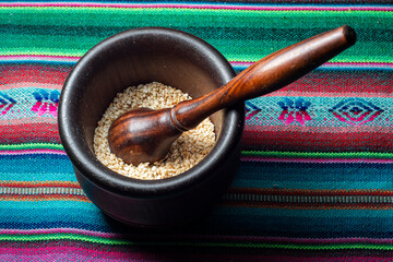 Browned sesame seeds in a mortar