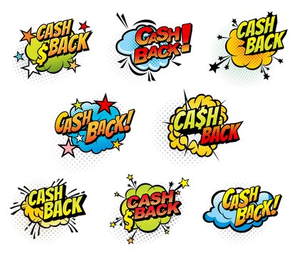 Cash back retro comics bubbles, isolated vector icons. Cartoon pop art retro cloud blast and bubble explosions with stars and dollar signs. Boom bang half tone cashback offer comics symbols