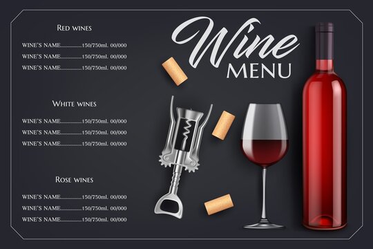 Wine menu list vector template. Bottle and glass, corks and corkscrew on black background with vignette. Red, rose and white grape alcohol drinks. Winery, restaurant or bar menu wine menu list
