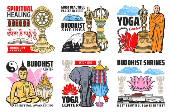 Buddhism religion symbols isolated vector icons. Buddhist symbolic beads, tibetan monk and lotus, prayer wheels. Buddha statue and precious umbrella, Dharma wheel and Tibetan Potala, flag and elephant