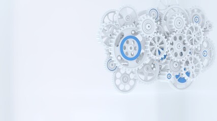 Mechanism white gears and cogs at work on white background. Industrial machinery. 3D illustration. 3D high quality rendering.