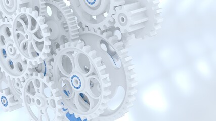 Mechanism white gears and cogs at work on white background. Industrial machinery. 3D illustration. 3D high quality rendering.