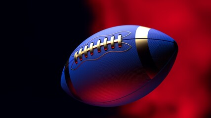 Blue-Gold American football standard ball under red background. 3D illustration. 3D high quality rendering.