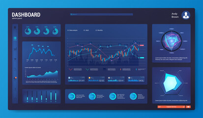 Dark dashboard UI, UX, Kit template with infographics, charts, graphics. Mockup modern web app with Ui graphs round bars and charts, clean and simple app interface. Admin panel with workflow design