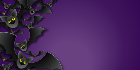 Halloween background with bats on dark. Paper cut style vector illustration