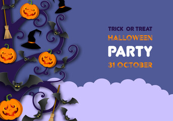 Halloween. Banner with pumpkins and flying bats. Paper cut style vector illustration