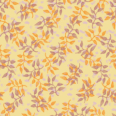 Obraz premium Purpoe and orange leaves seamless vector pattern. Botanical surface print design for fabrics, stationery, textiles, backgrounds, packaging, and gift wrap.