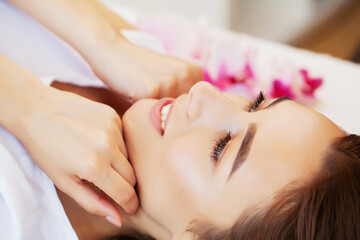 Fototapeta na wymiar Spa treatment in beauty studio gets young beautiful woman relaxing