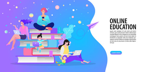 E-learning, online education or home schooling. Mobile phone and computer with courses or tutorials. Flat Vector illustration.