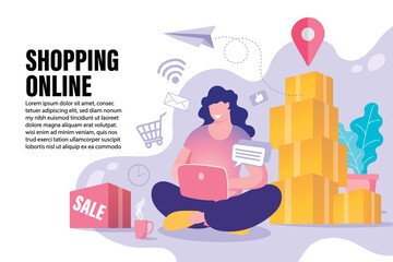 Fototapeta na wymiar Delivery service isometric concept. woman check order from laptop. shopping online e-commerce.