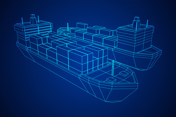 Heavy dry cargo ship of bulk carrier with freight containers. Wireframe low poly mesh vector illustration.